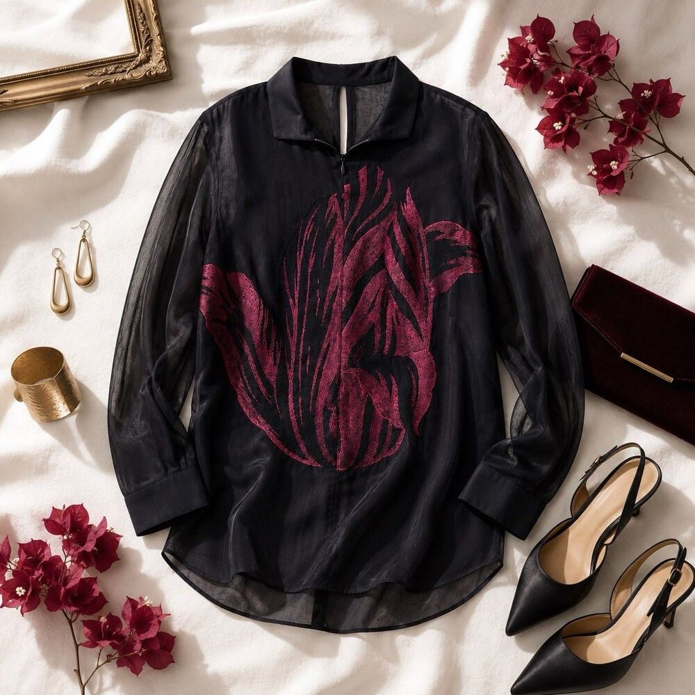 AKRIS Sheer Black Embroidered Tulip Quarter Zip Blouse Luxury